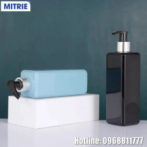 Chai nhựa PET đựng dầu gội dáng vuông vòi nhấn mạ