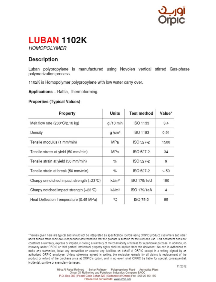 Hạt nhựa PP 1102 K Oman