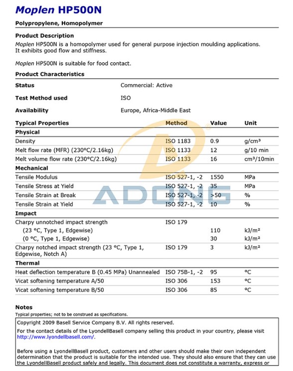 Thông số kỹ thuật của hạt nhựa PP Ép 500N: